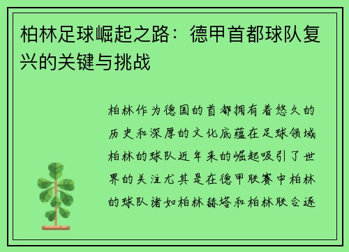 柏林足球崛起之路：德甲首都球队复兴的关键与挑战