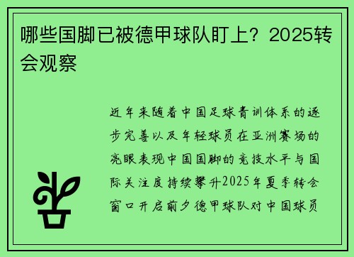 哪些国脚已被德甲球队盯上？2025转会观察